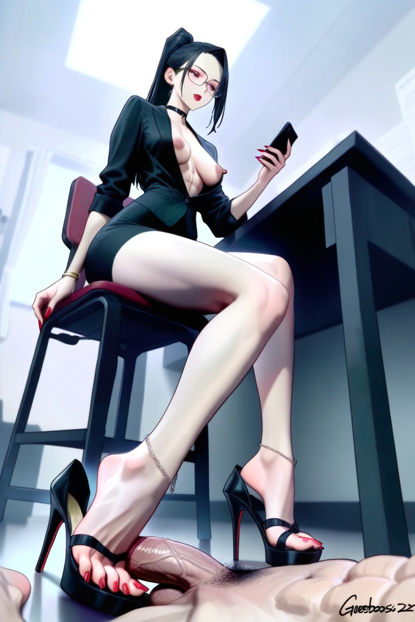 Pencil Legs, Maroon Lipstick, High Heel Shoes On Floor AI Porn