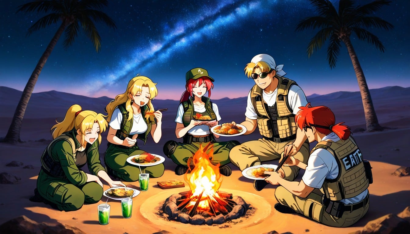 Tarma, Is Eating Skewers Breakfio, Wearing Opens Green Tactical Vest And White Crop Top Underneath AI Porn