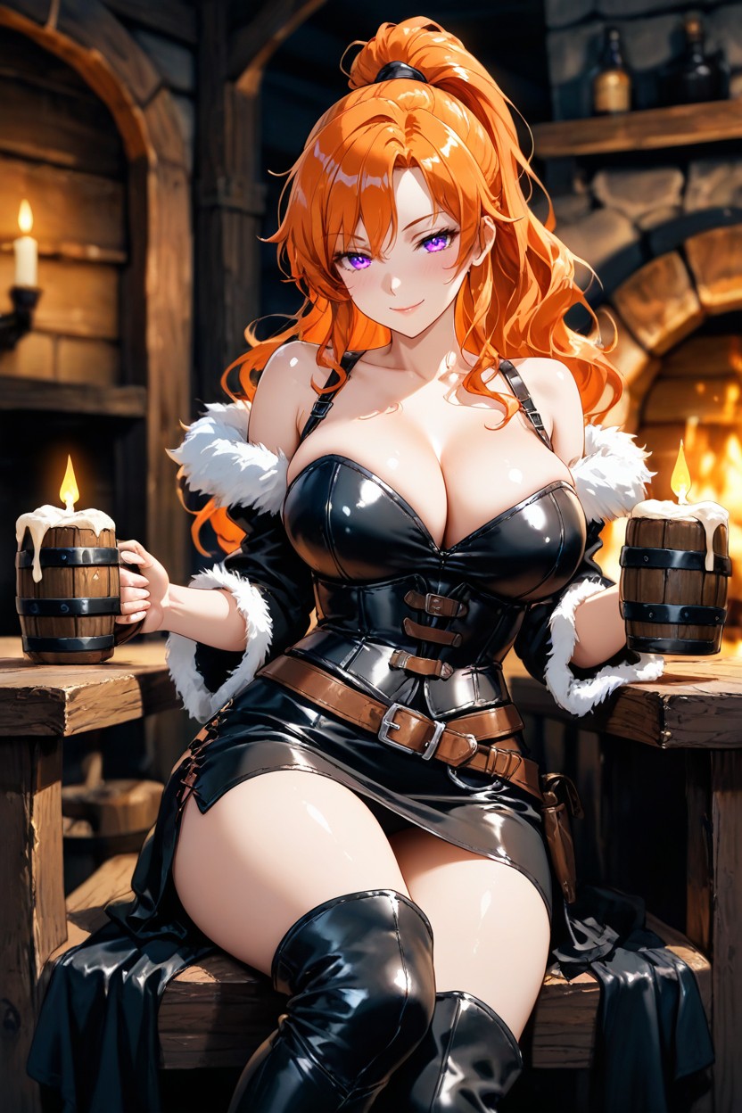 Highres, Cleavage, Long Wavy Orange Hair Tied In A High Ponytail Hentai AI Porn