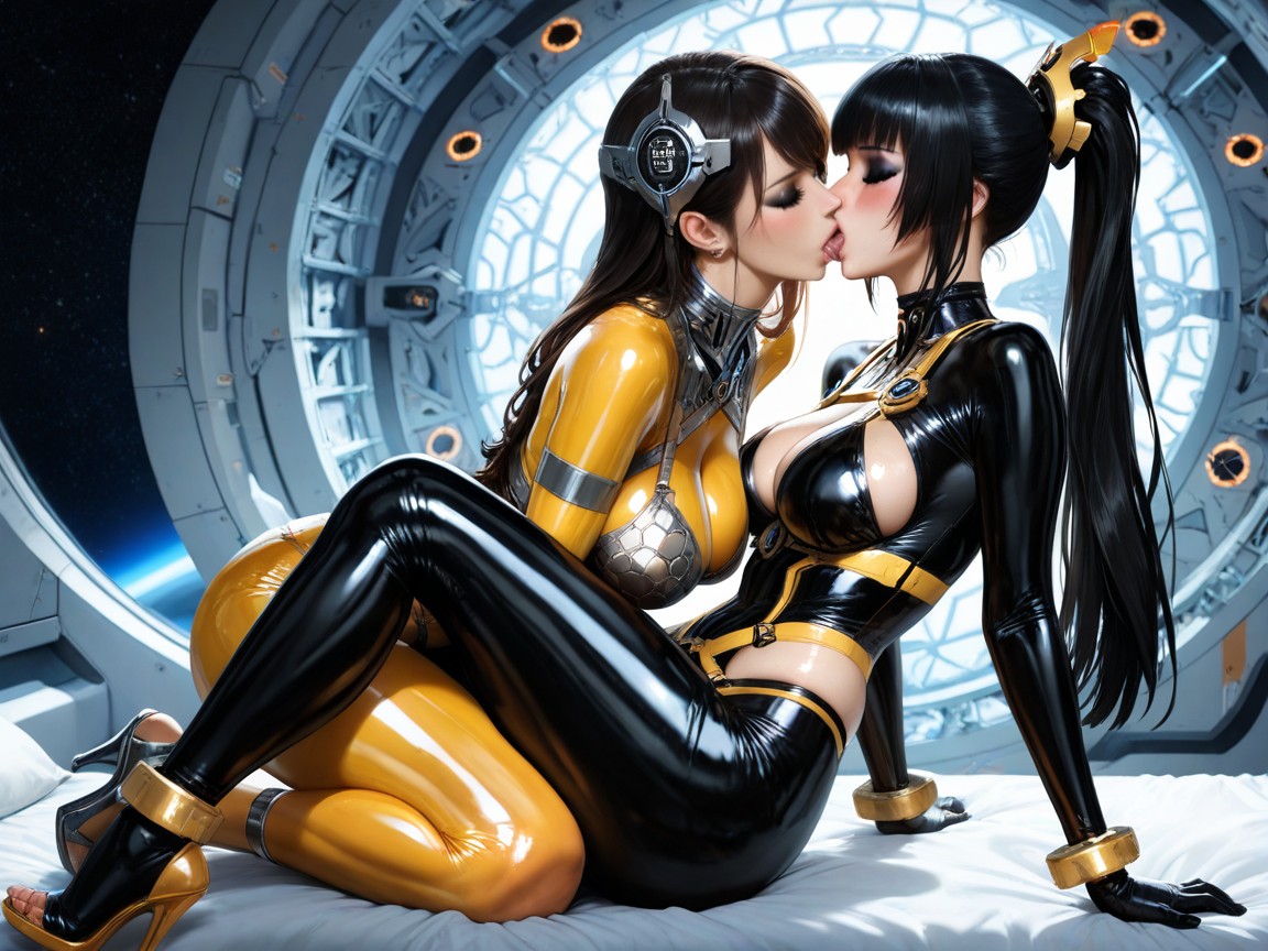 Warm Light Colour Tones, Gigantic Panoramic Window, Futuristic Dark Grey Metal Wrist And Ankle Bangle Hentai AI Porn
