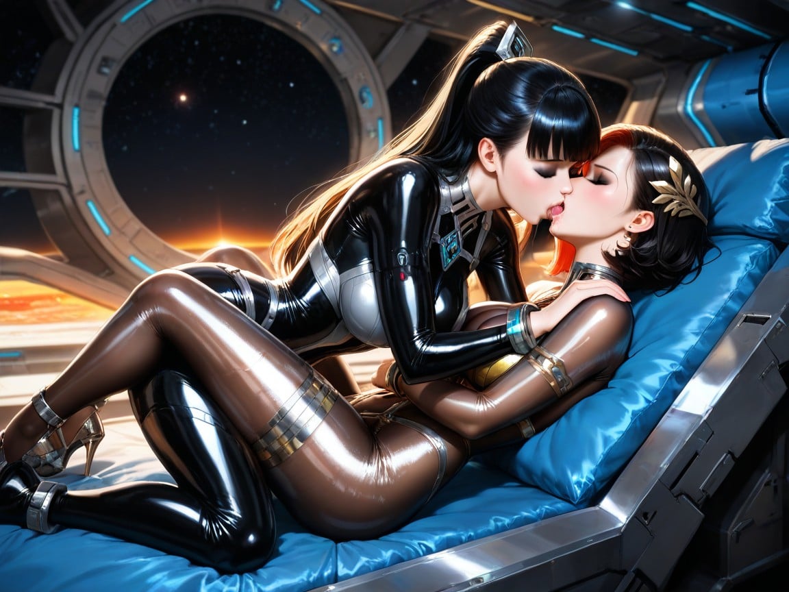 Oiled Skin, Side View, Diamond Lattice Suit Led Lights And Hexagon Hip Pattern Hentai AI Porn