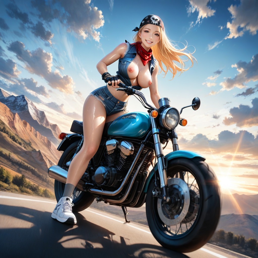Happy Smile, Sweaty Skin, Sleeveless Cropped Denim Jacket Hentai AI Porn