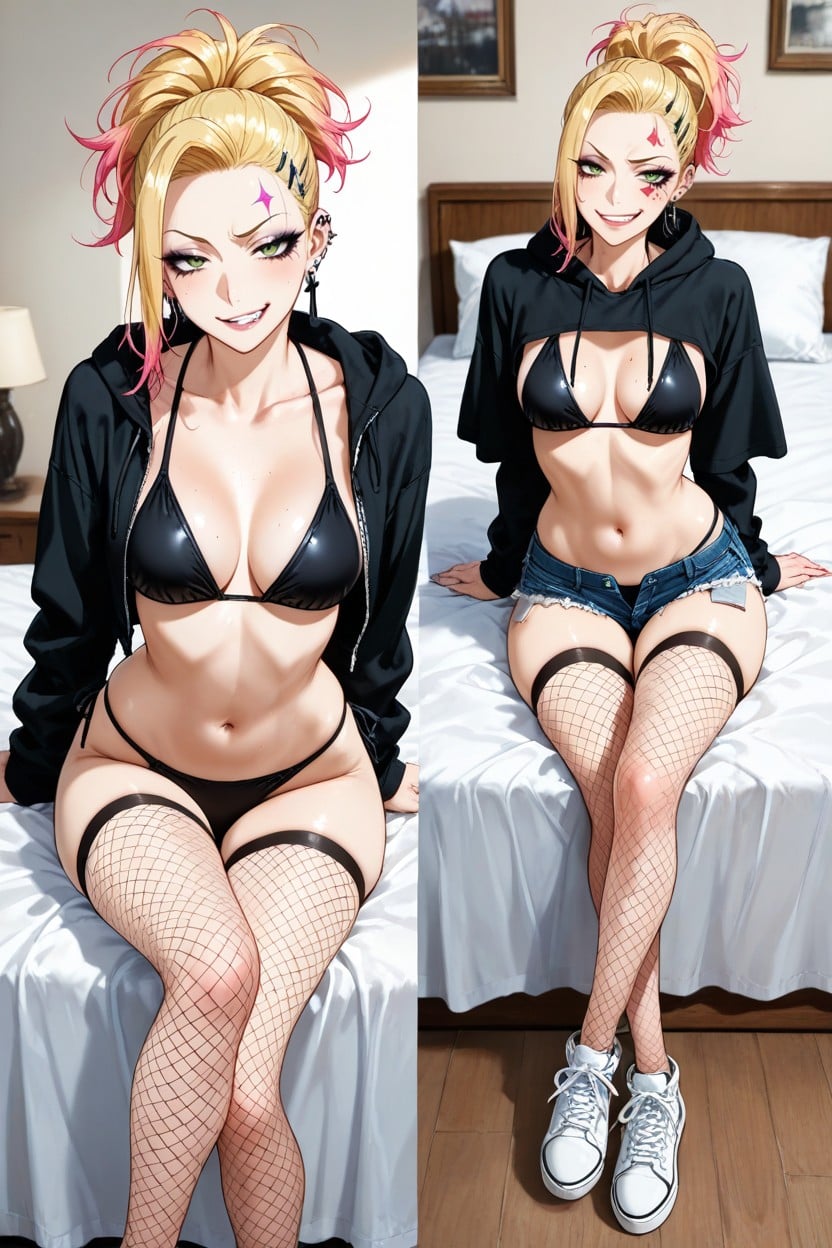 Bikini Top, Messy Two Tone Blonde Hair With Pink Tips Strands, Urban Street Fashion Hentai AI Porn
