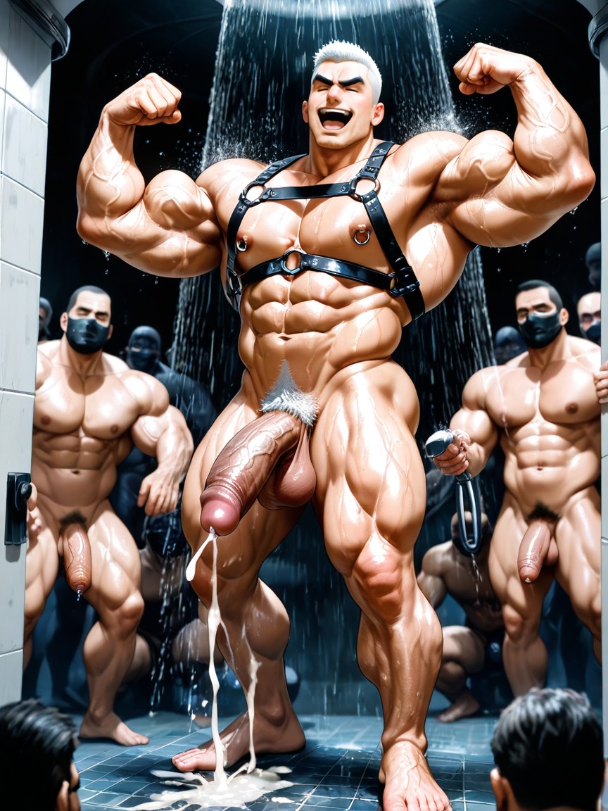 Erect Uncut Cock, Shooting Thick Ropes Of Cum From Cock, In Public Shower With Naked Male Bodybuilders Porno gay IA