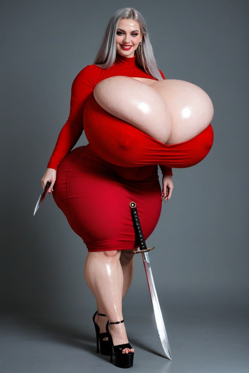 Tight Dark Red Skirt, Platform Heels, Hyper Long Model Legs AI Porn
