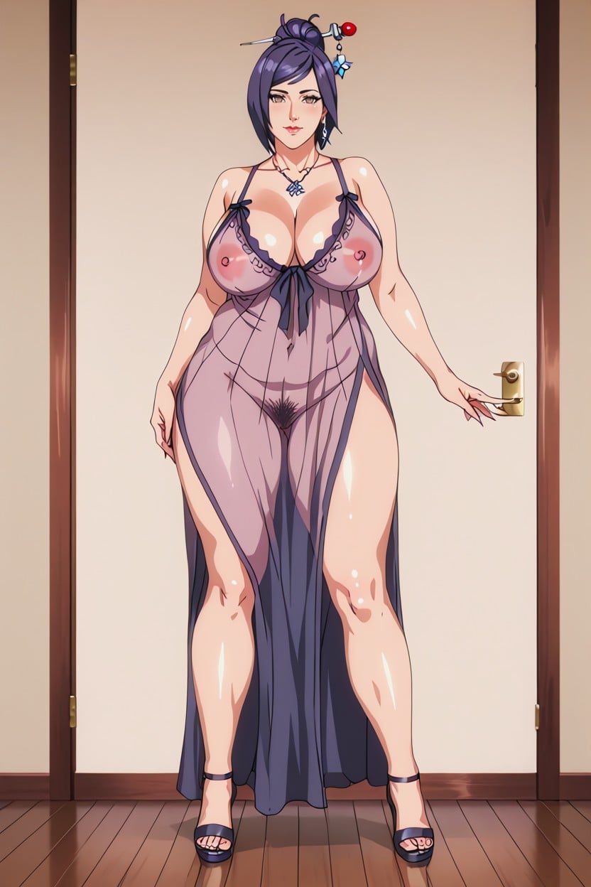 Looking At Viewer, Transparent Black Nightgown, Tight Face MILF AI Porn