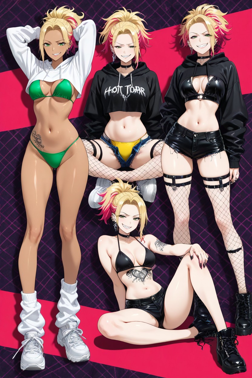 Side, Messy Spiky Two Tone Hair, Visible Bikini Bottom Porno IA Hentai
