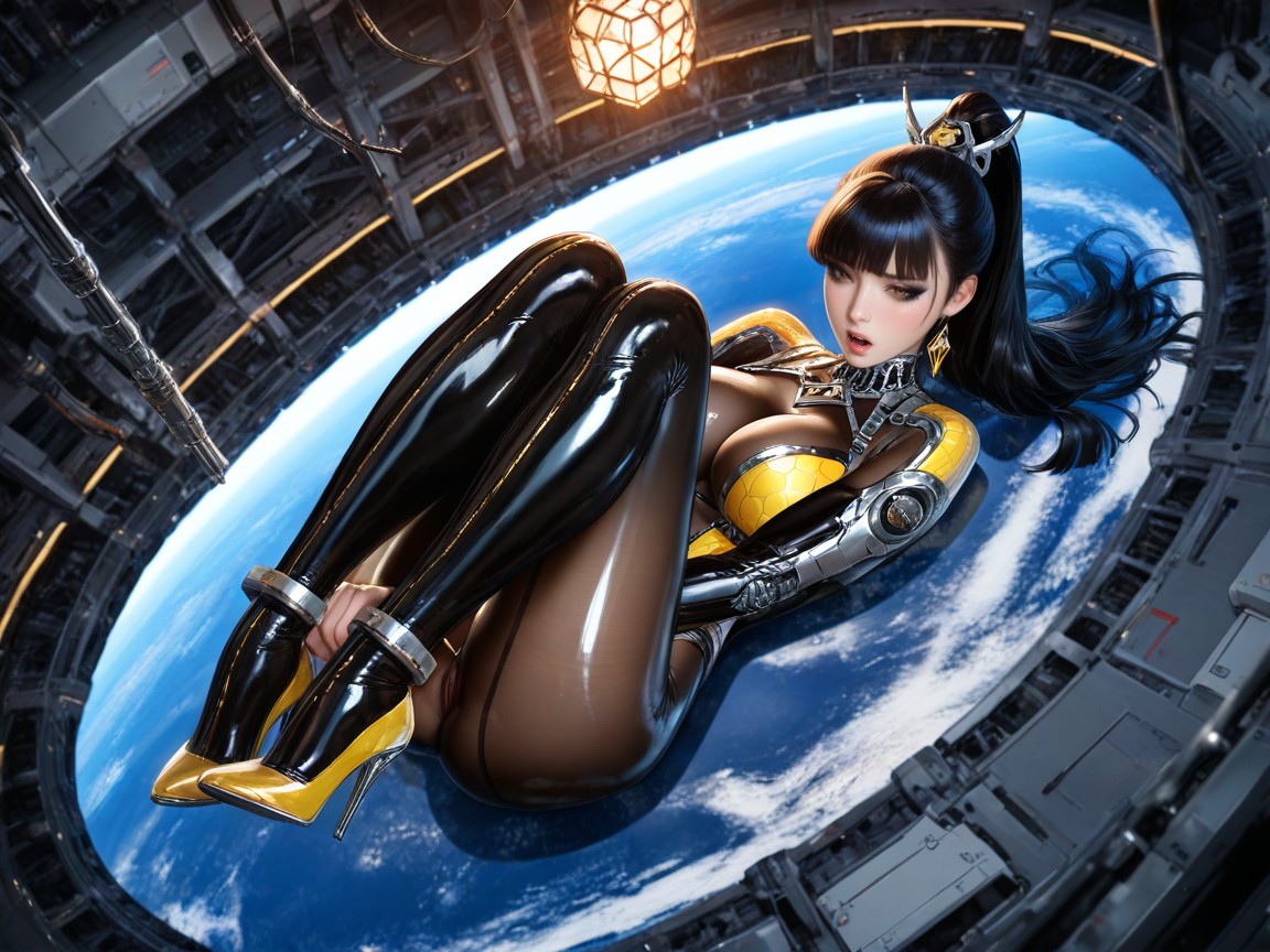 Night Upper Atmosphere On The Edge Of Space, Long High Straight Ponytail, Mascara Hentai AI Porn