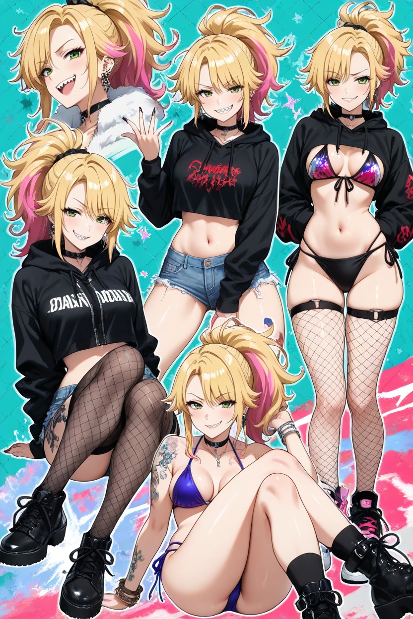 Multiple Earrings, Jagged Spiky Ponytail, Casual Sitting Pose Hentai AI Porn
