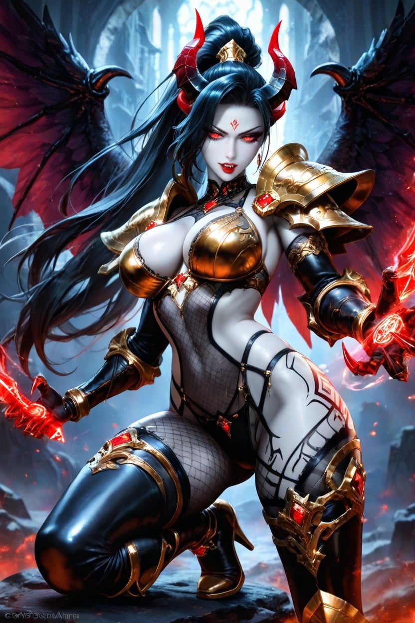 A Seductive Demon Queen With Pale Azure Skin, Dark Blue-black High Ponytail, Vibrant Red Lipstick Hentai IA