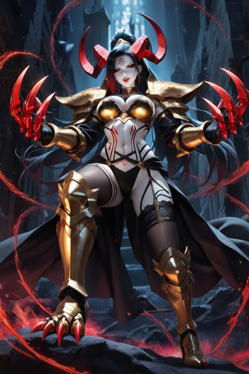 Focus On Intricate And Stylized Facial Markings/eyeshadow, Powerful Stance, Dark Blue-black High Ponytail Hentai IA