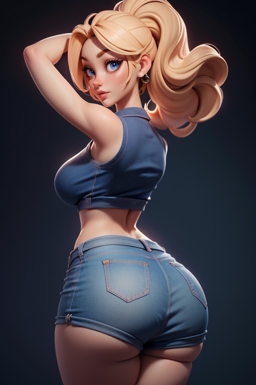 Very Curly Blonde Hair Afro, Correct Body Proportions, Rear View Hentai IA