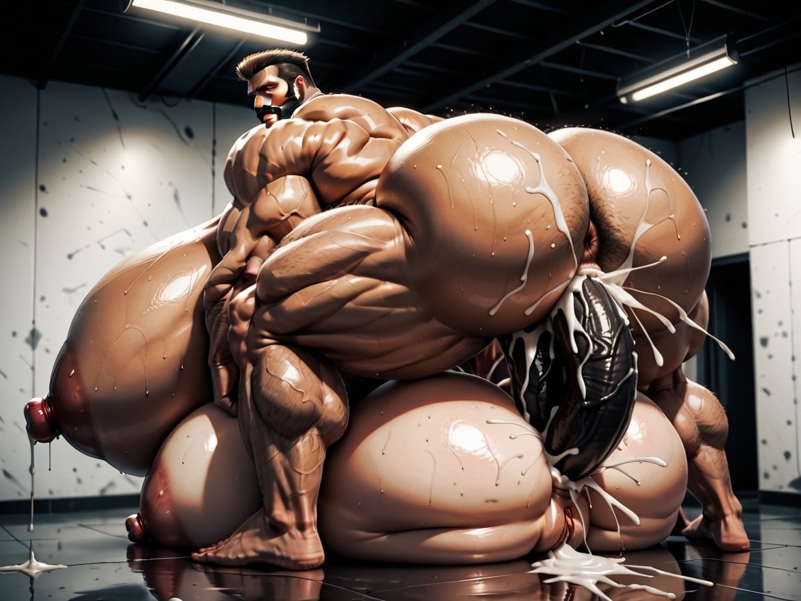 Triple Penetration, Top Down, Hairy Thick Hyper Muscled Body AI Porn
