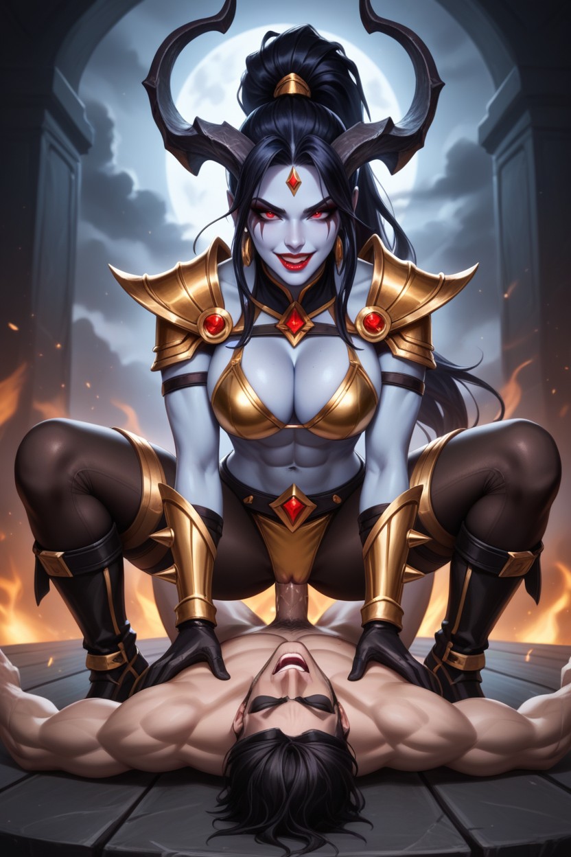Dark Gloves, Akasha's Pale Azure Skin, Smug Expression Hentai AI Porn