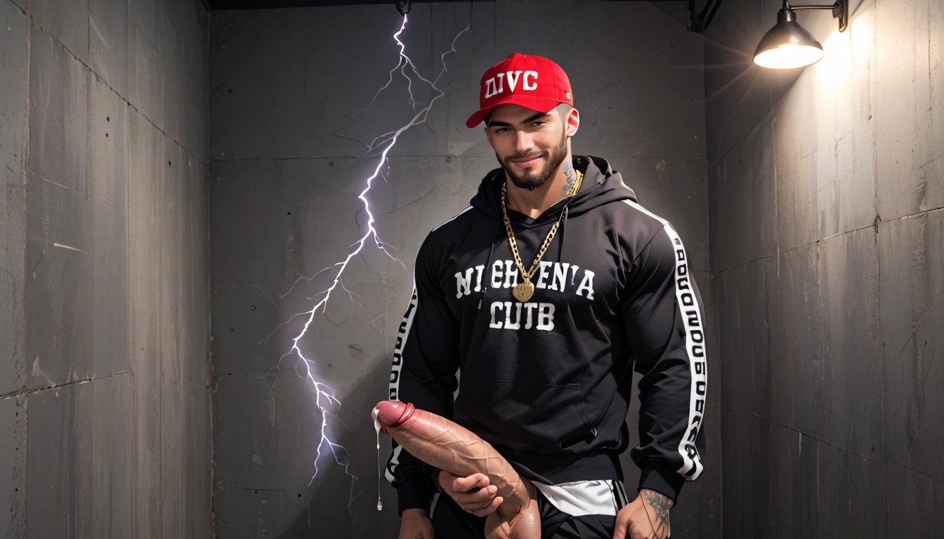 Pulling Down Sweatpants, Red Cap Gold Letters Buckfuck, Pile Of White Powder On Tip Of Cock Pornografia gay com IA