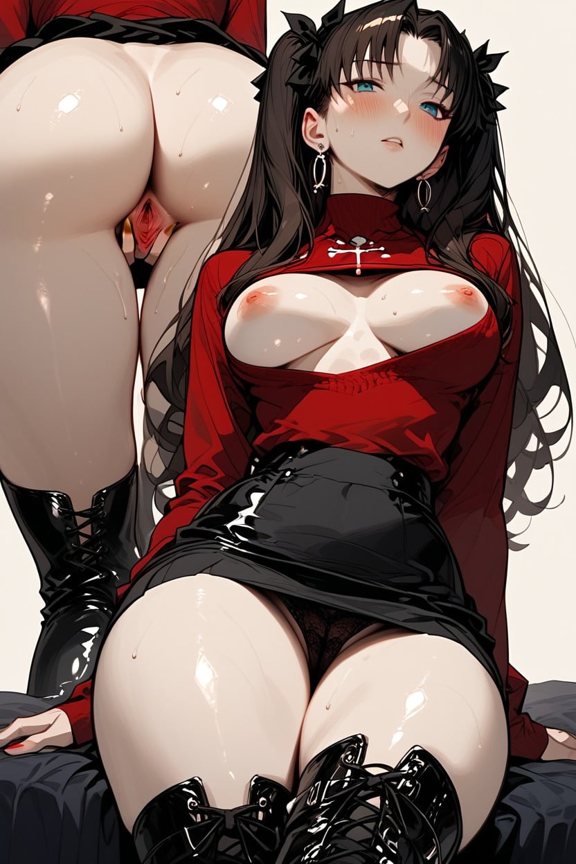 Red Virging Sweater, Medium Breasts, Medium Round Bubble Butt In The Air Hentai AI Porn
