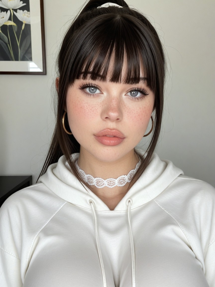 Soft Freckles Across Nose And Cheeks, Albino Skin, Straight Blunt Bangs AI Porn