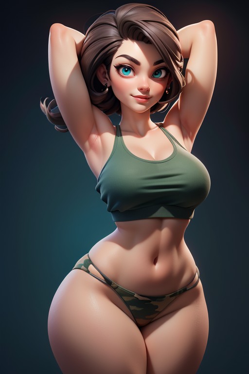 Sexy Woman Soldier Lady Jaye, Head Bald On The Sides, Arms Up In Front Of Face Hentai AI Porn