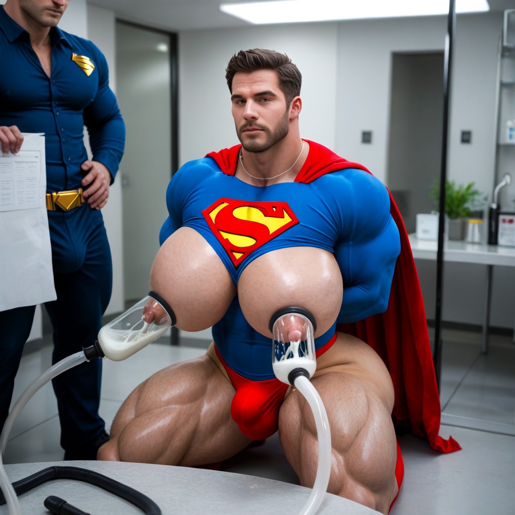 Superman Kneeling, Man Hyper Squishing Superman's Boobs, Oiled Skin Porno IA Gay
