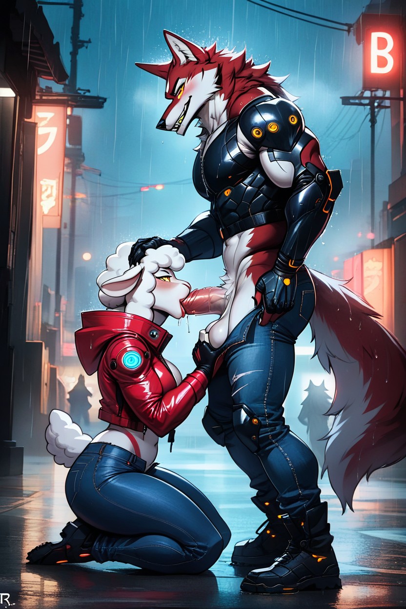 High Detail, Cyberpunk City, Wolf In A Heroic Pose Furry AI Porn
