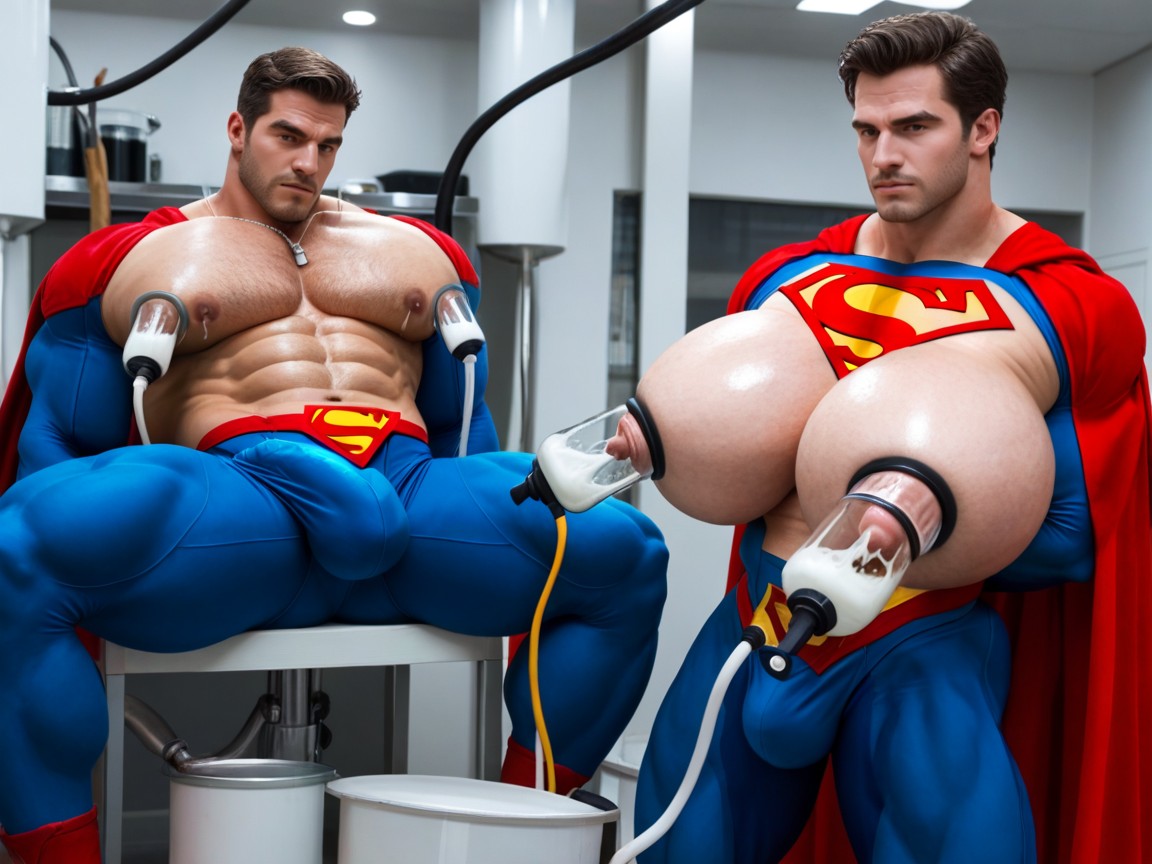 Superman Suit, Man Hyper Squishing Superman's Boobs, Erect Gigantic Penis AI Gay Porn