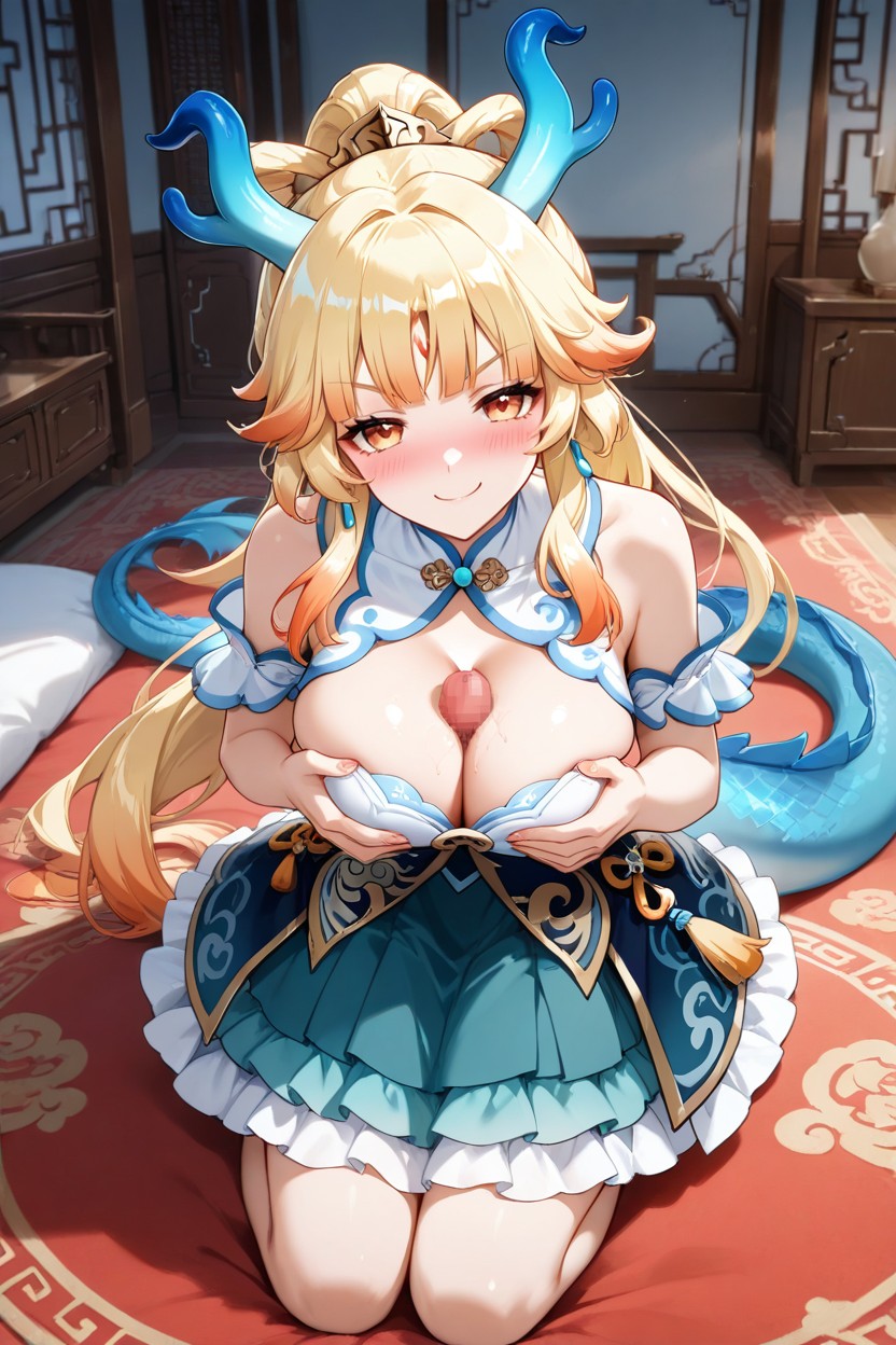 Kneeling On Floor, Blue Brown Horns, Large Breast AI Porn