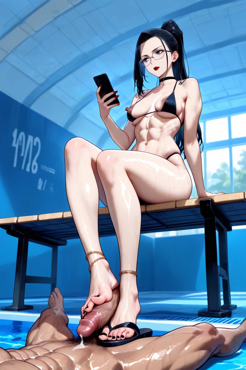 Man On Floor Under Bench, Flipflops On Floor, Slick High Ponytail Straight Hair AI Porn