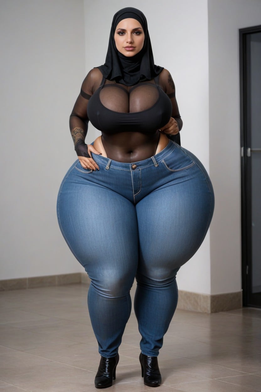18+, Gigantic Huge Massive Hyper Thighs, Focus On Hijab Woman In Jeans AI Porn