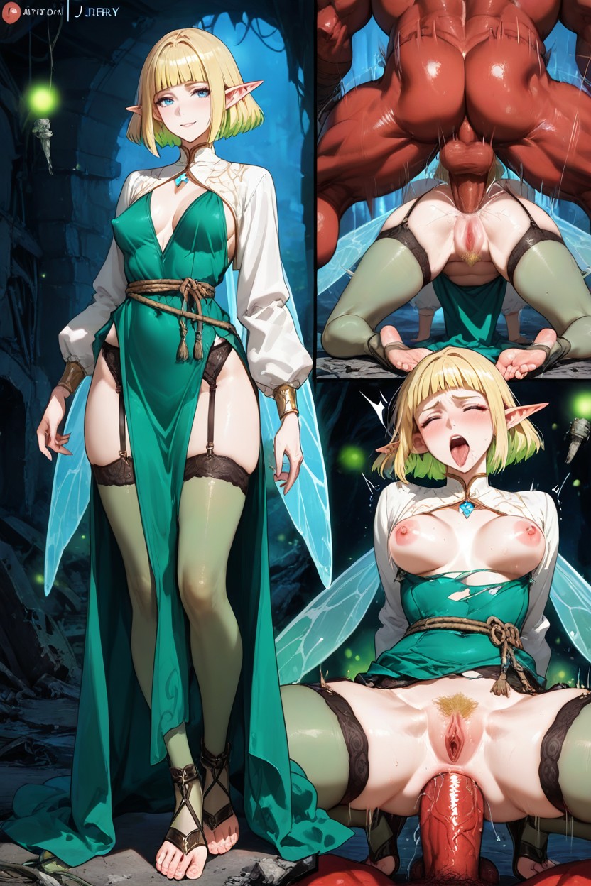 Jade Green Cloth Toeless Sandals, Jade Green Asymetric Chrismas Dress With White Fluffy Trim, Boyish Crop Haircut Hentai AI Porn