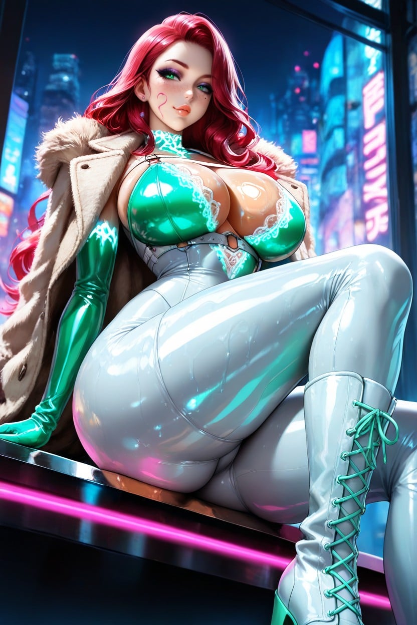Glossy Ruby Pouty Lips, Warm Reflections On Skin, Hands Gripping Table Edge AI Porn