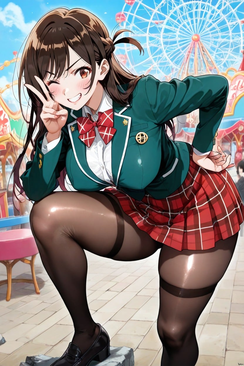 Black Mary Jane, Soft Brown Eyeliner, Dark Green Blazer Open Hentai AI Porn