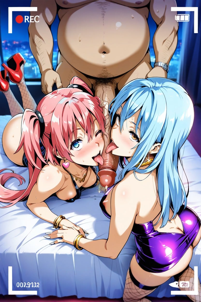 Bed Room, Double Blowjob, Heart Earrings Hentai IA