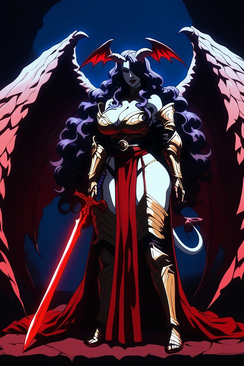 Curly Hair, Dark Red Rose Arm Sleeves, Gold Gauntlets Hentai IA