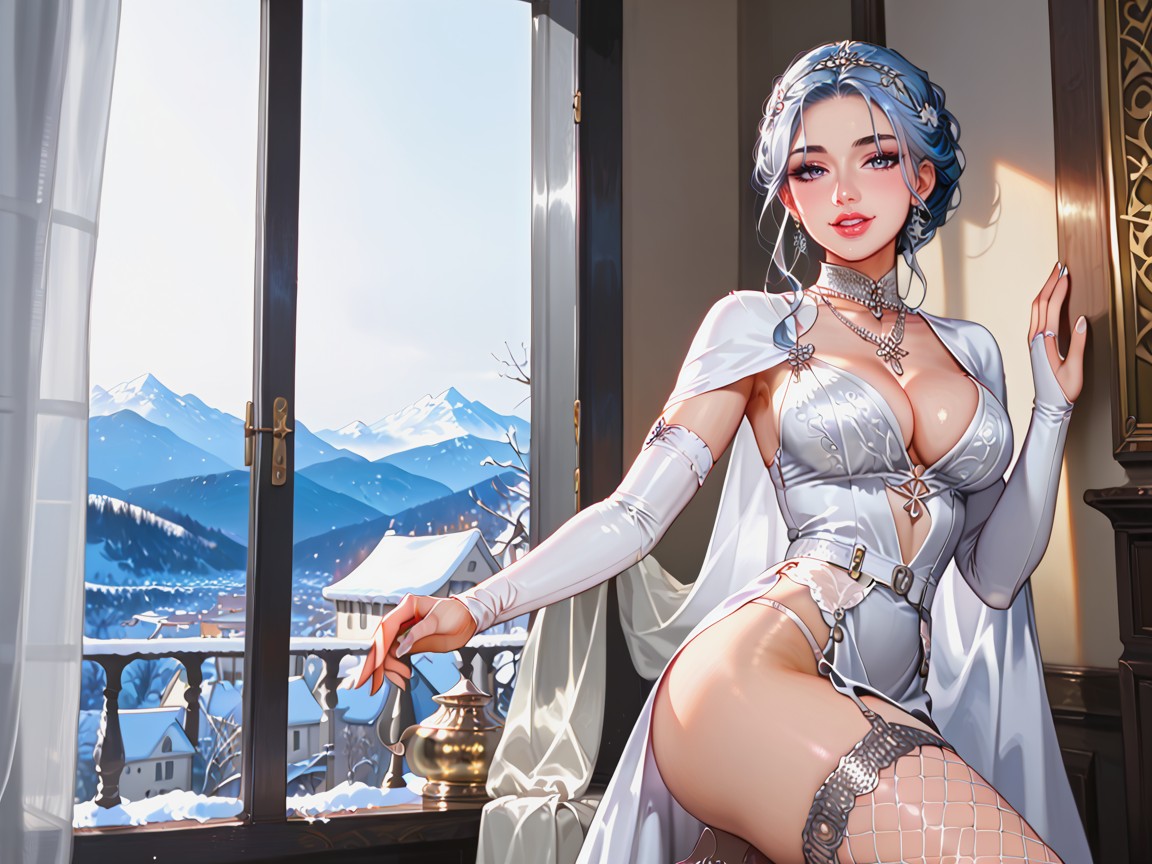 Cinematic, Silver Chain Sword Shaped Necklace, Sweet Face AI Porn