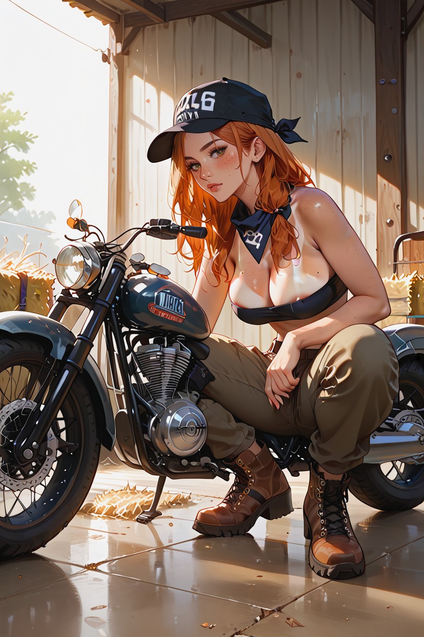 Wooden Walls, Female Works On Motorcycle Engine, Female Has Freckled Face AI Porn