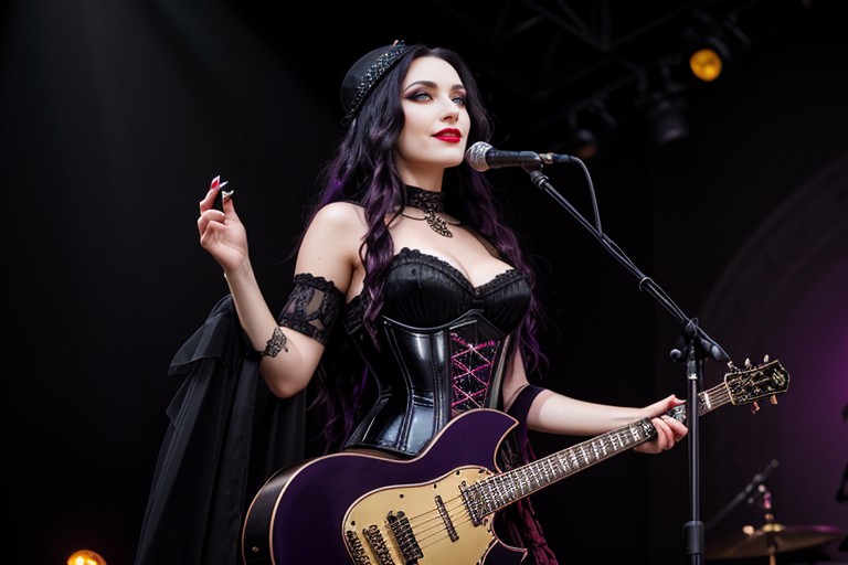 Sparks, Glowing Gold Eyes, Cuneiform Sigils On Arms And Collarbones Gothic Metal Outfit Black Corset With Plum Accents AI Porn