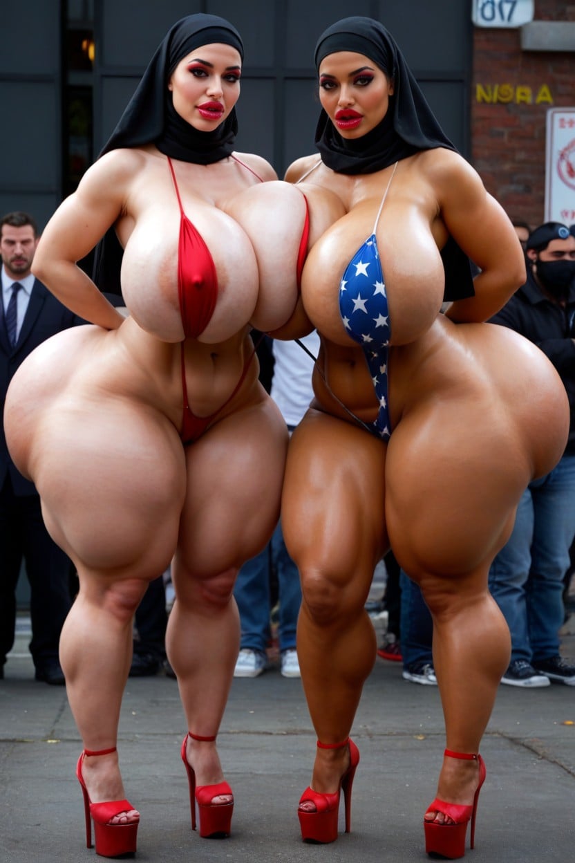 Night Club Background, Wasp Waist, American Flag Slingshot Bikini AI Porn