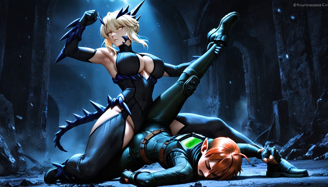 Artoria Sitting Astride Chilchuck's Upper Back, Violet Crowns Like Horns, Grappling Submission Hold Hentai IA