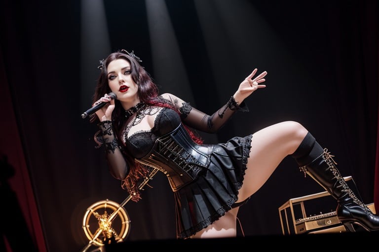 18+, Black Hair, Cuneiform Sigils On Arms And Collarbones Gothic Metal Outfit Black Corset With Plum Accents AI Porn
