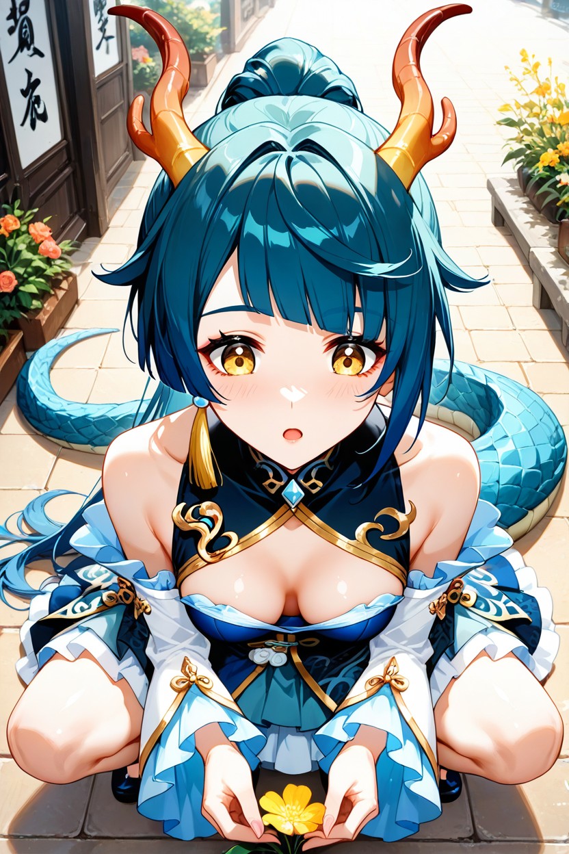 Female Xingqiu, Blue Dragon Horns, Front View AI Porn