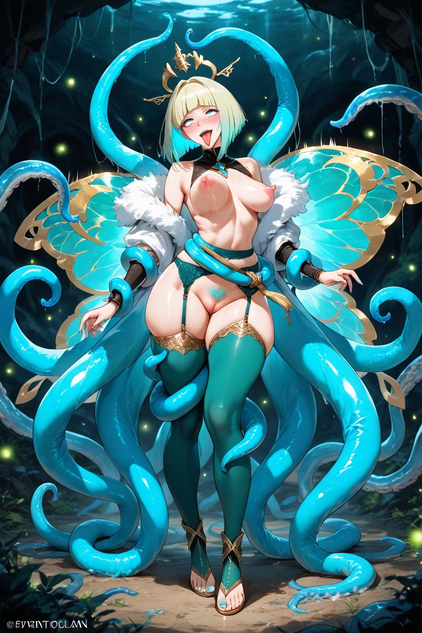 Blonde Pubes And Hair, Smooth Detailed Feet, Green Opened Chrismas Tunic With White Fluffy Trim Hentai AI Porn