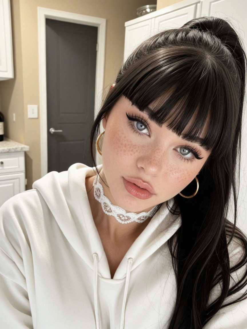 Extremely Thick Hair, Blunt Bangs, Glossy Natural Lips AI Porn