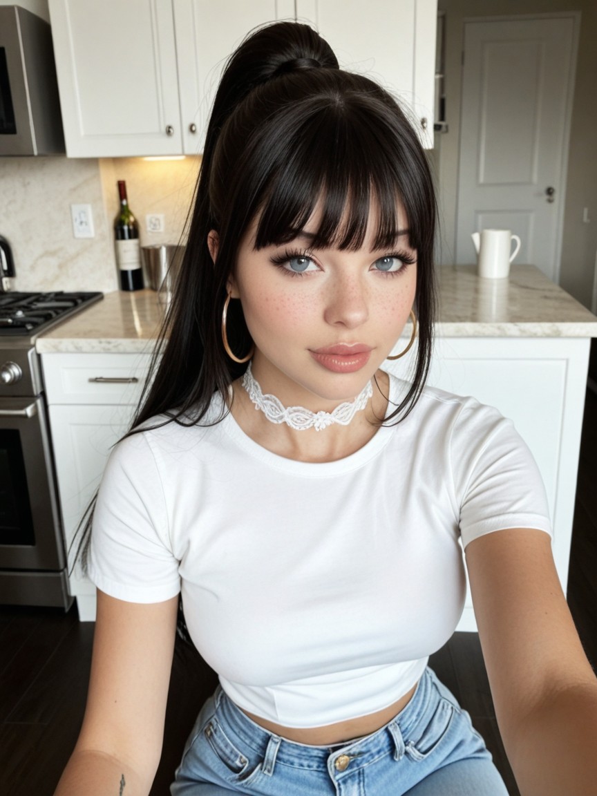 Kitchen Selfie, Dark Black Eye Makeup, Shallow Depth Of Field AI Porn