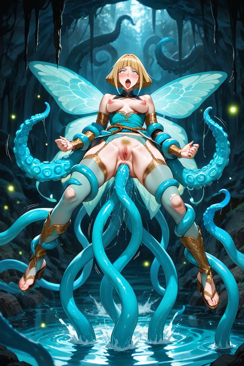 Soft Realism, Flood Of Impossibly Gargantuan Aqua Blue Tentacles, Rope Belt Hentai AI Porn