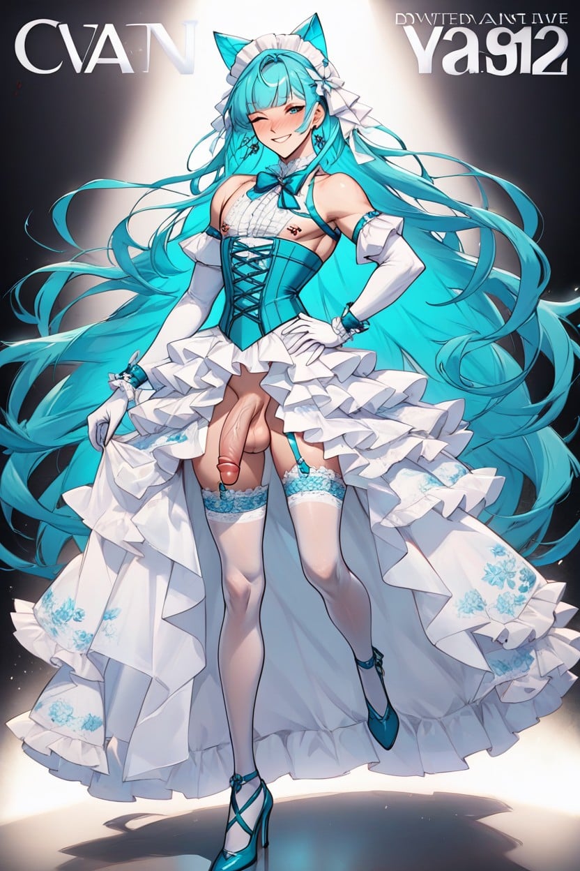 One Eye Wink, White Frills Cuffs, Lace Up Cyan Corset Shemale AI Porn
