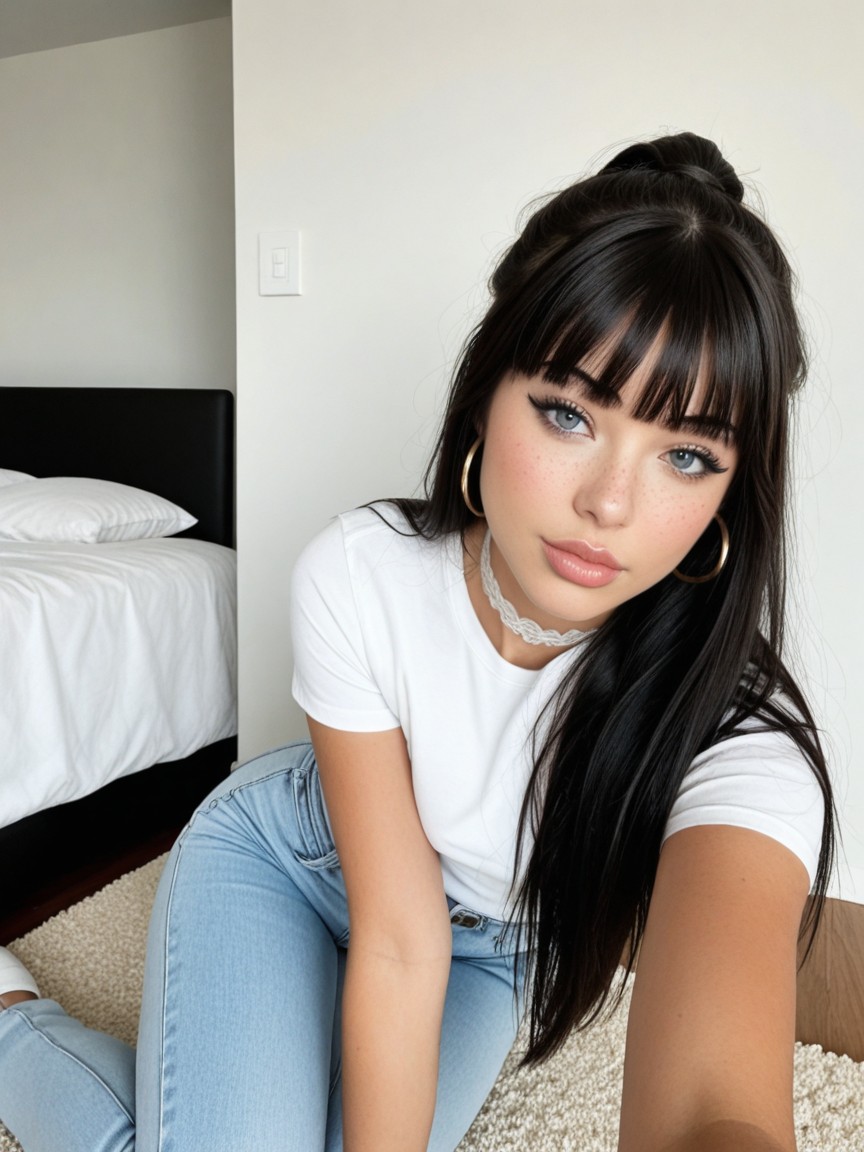 High Resolution Selfie, Straight Blunt Bangs, White Bedroom AI Porn