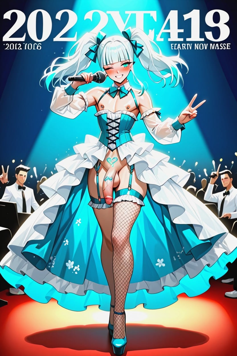 Standing, Nose Blush, Absurdly Long Twin Tails Hair With White Ribbons Shemale AI Porn