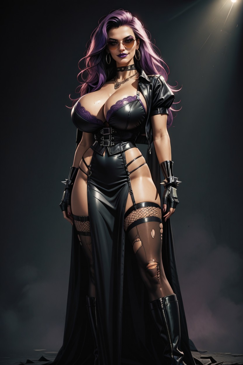 Black Leather Pelvic Curtain Dress, Mistress, Extreme Cleavage AI Porn