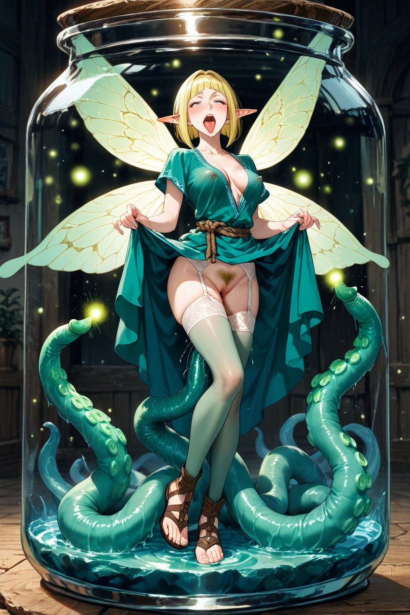Refined Long Toes, Green Chrismas Tunic With White Fluffy Trim, Astronomically Zoomed Wood Floor Background Hentai AI Porn