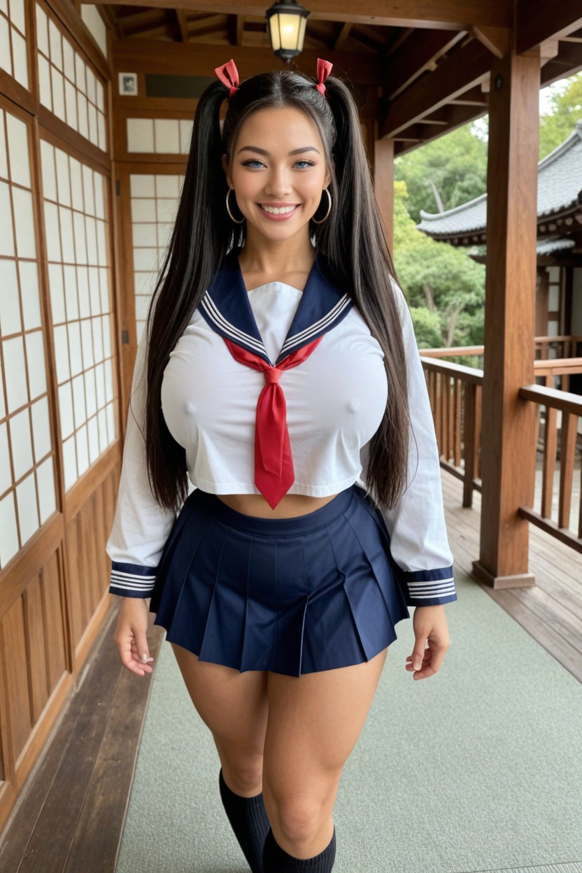 Japanese Garden, Smiling Mouth Open, Highly Detailed Face AI Porn